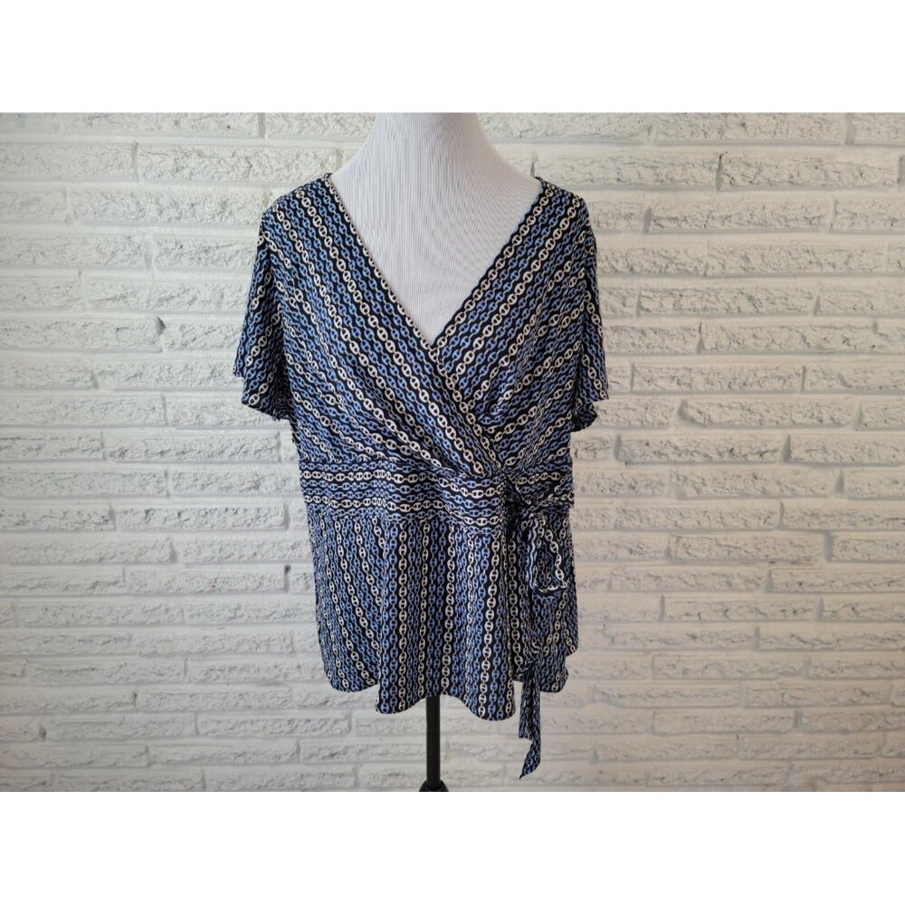 Covington‎ 18W Plus Size Top Blue Geometric V-Neck Zip Closure GEO277XE